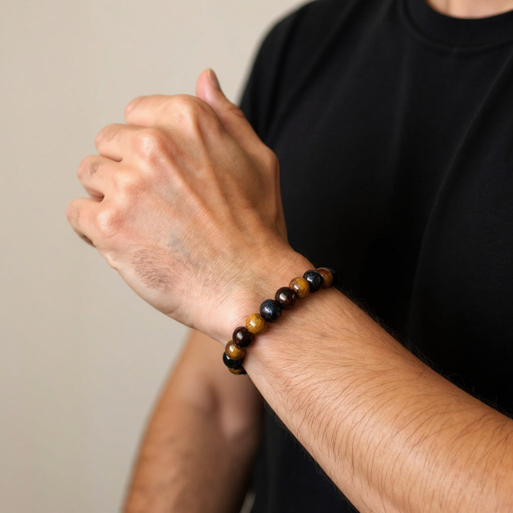 Bracelet Homme en Perles Œil de Tigre, Œil de Taureau & Œil de Faucon