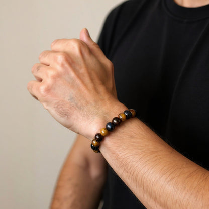 Bracelet Homme en Perles Œil de Tigre, Œil de Taureau & Œil de Faucon
